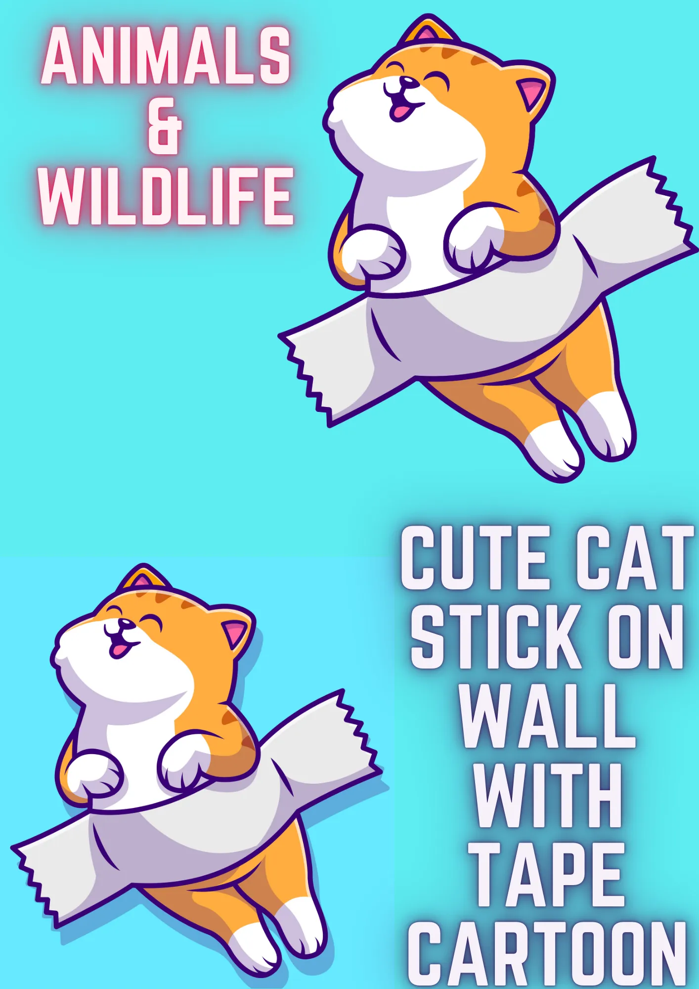 Playful Cat Cartoon Tape Effect Wall Art Clipart - Whimsical Animal Illustration for Creative Projects and Decor 4