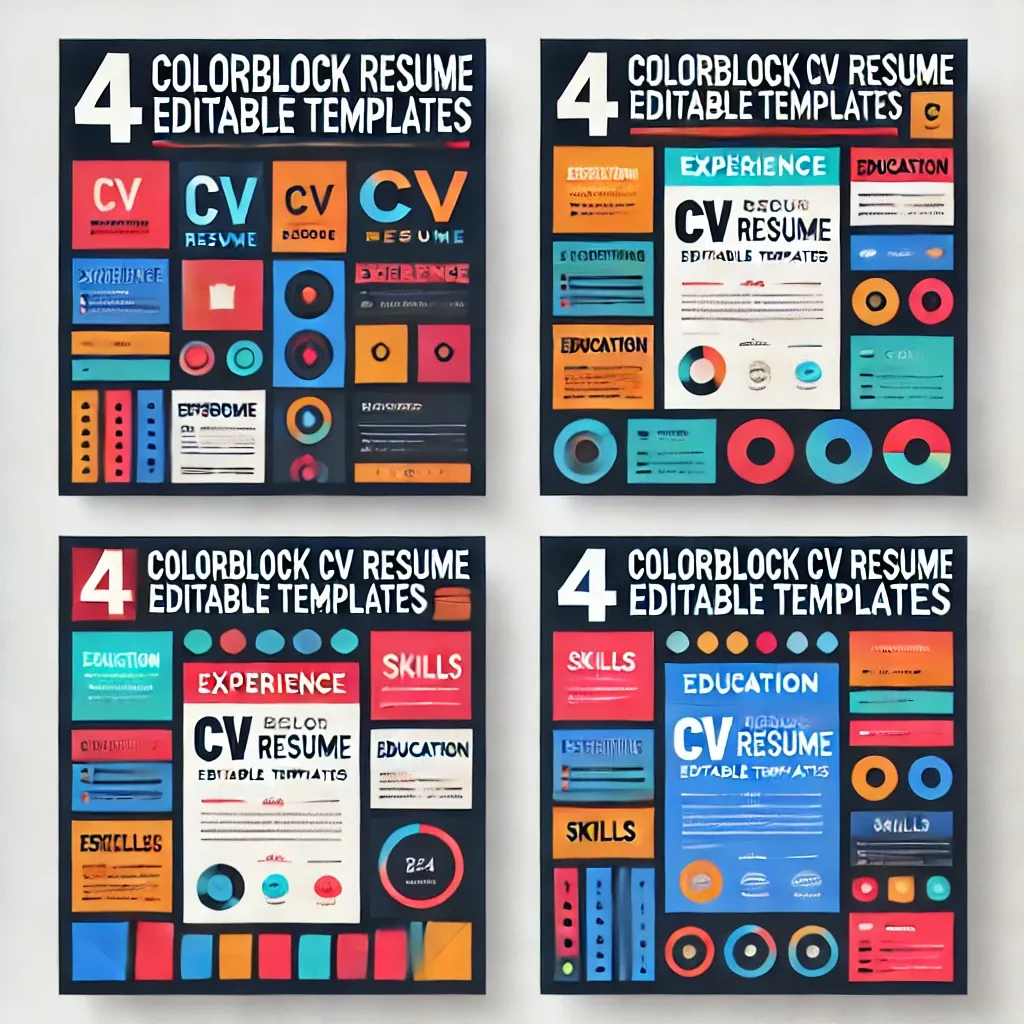 4 ColorBlock CV Resume Editable Templates - Modern Professional ...